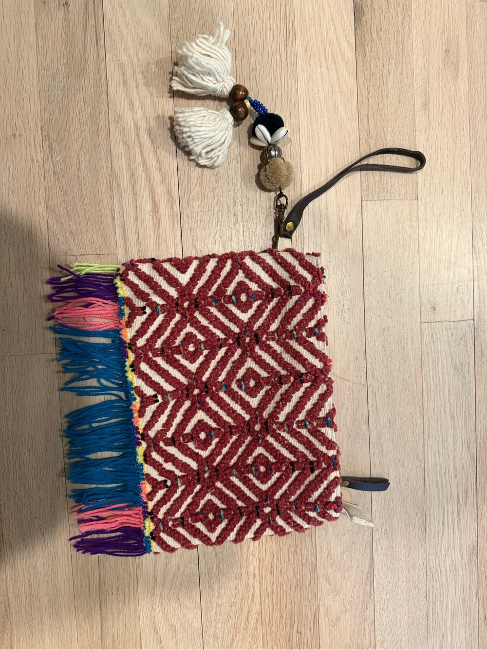 Boho Red and Cream Woven Fringe Wristlet